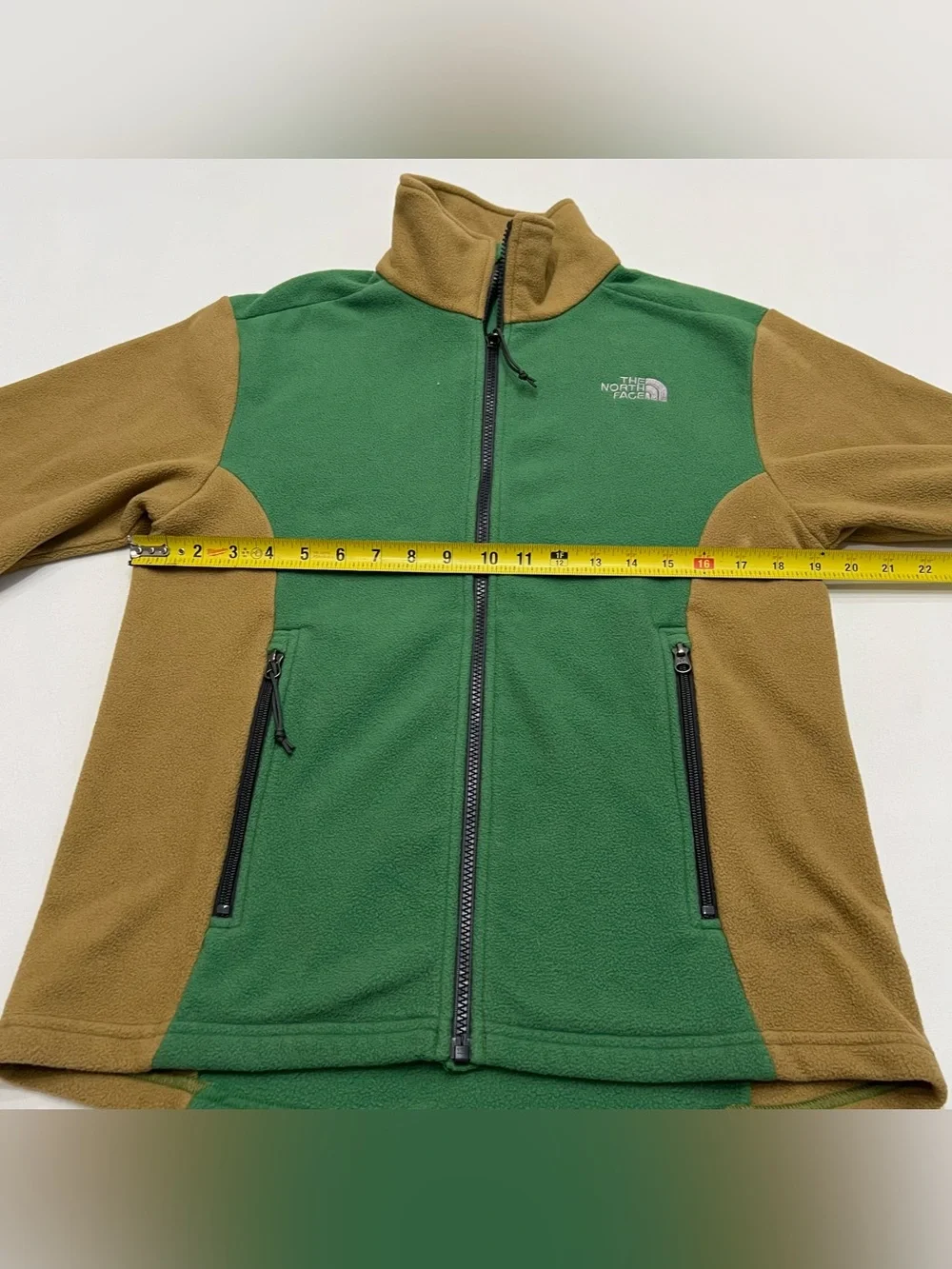 The North Face Full Zip Fleece Sweater Green Tan Color Block Men's Size Small